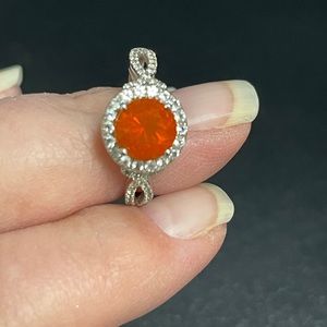 Silver Fire Opal Diamond Ring size 9